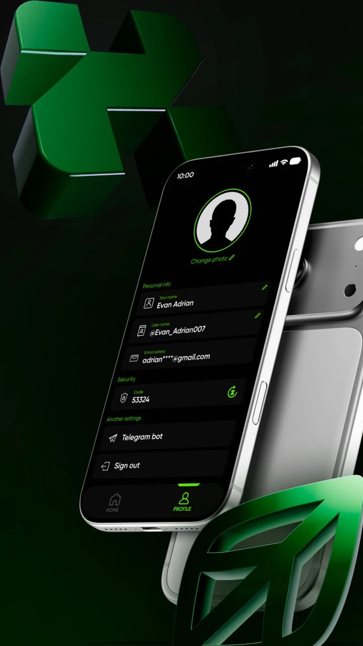Hoe profile screen — account, security, Telegram bot